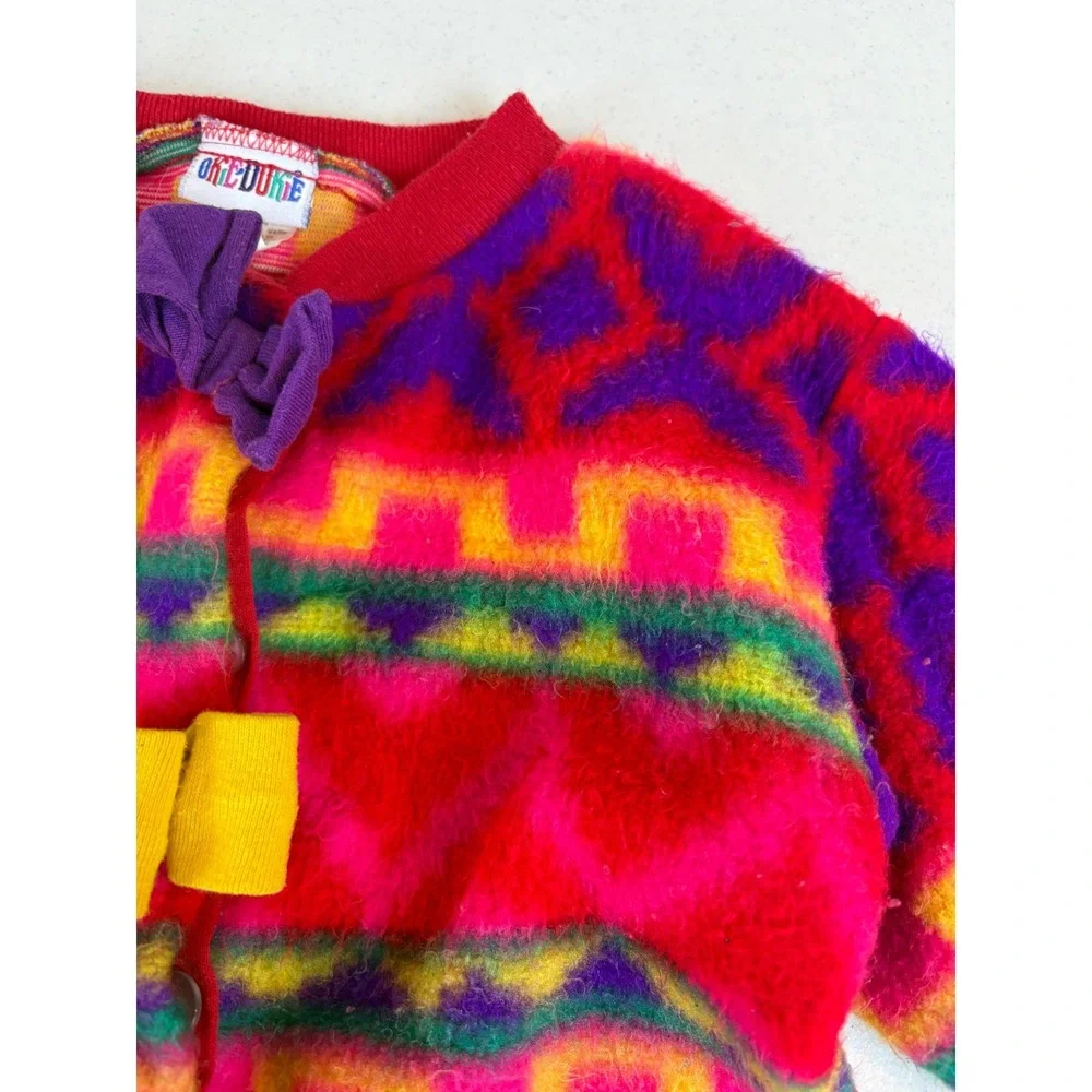 Vintage Okie Dokie Toddler 3T Fuzzy Neon Geometric Bow Cardigan Sweater Pink 90s